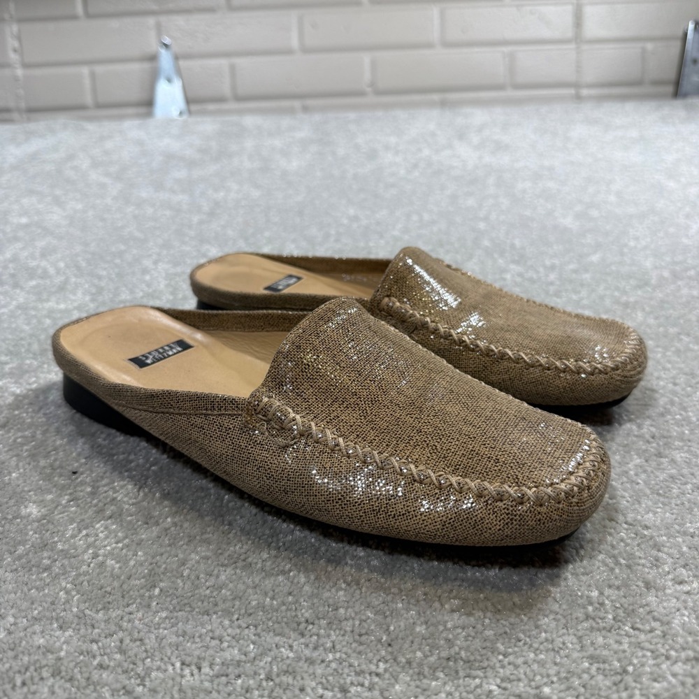 Stuart Weitzman Metallic Textured Whipstitch Mule Loafers Tan 8.5 B Quiet Luxury